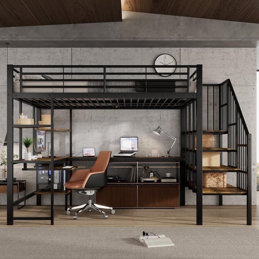 Merax Hoogslaper 120x200 cm met oplaadinterface hoekkruipladder bureau met toetsenbordhouder en opbergruimte zwart zonder matras