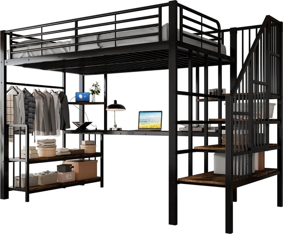 Merax Hoogslaper 120x200 cm Zwart model met bureau opbergruimte & oplaadpunt