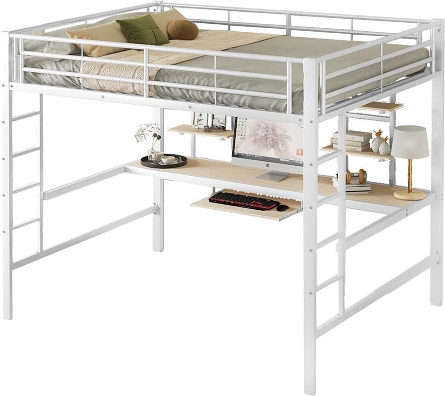 Merax Hoogslaper 140 x 200 cm Metaal Bedframe Eisen Bed Hoogslaper met Bureau en Twee Boekenplanken voor Kinderen Tieners en Volwassenen Wit