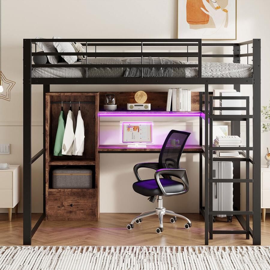 Merax Hoogslaper 140 x 200 cm metalen bed met LED-verlichting bureau 1 lade plank leuning trap zonder matras zwart