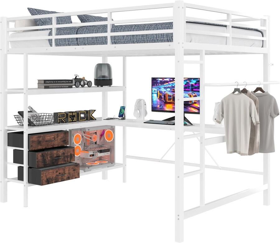 Merax Hoogslaper 140x200 cm – Bed Met Bureau En Opbergruimte – LED Verlichting – USB En Stopcontact – 3 Lades En Planken – Trap En Veiligheidshek – Wit – Zonder Matras