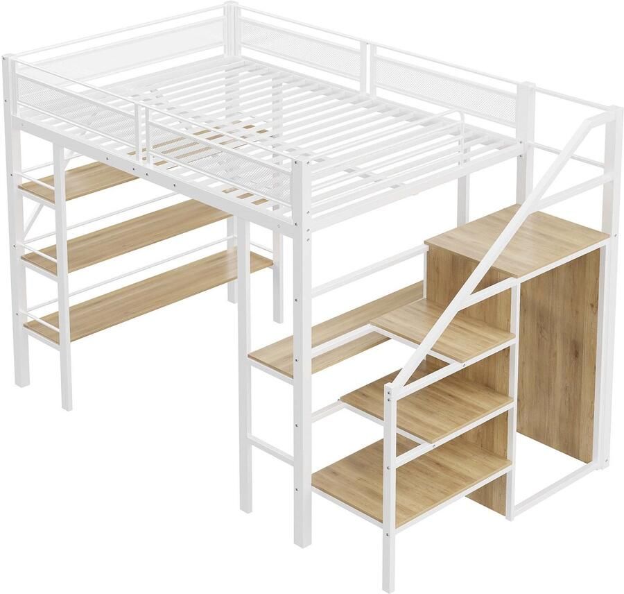 Merax Hoogslaper 140x200 cm – Bed met Bureau Kast en 3 Opbergrekken – Veilig Trapontwerp met Opbergvakken – Stevig Metalen Bedframe – Wit