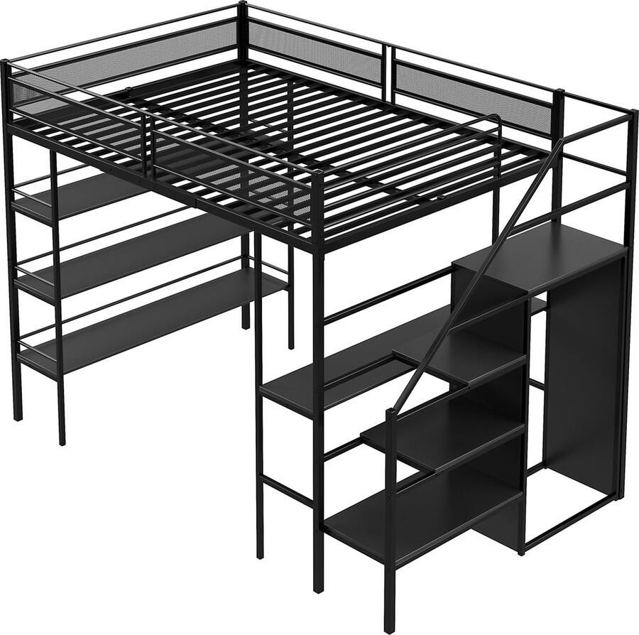 Merax Hoogslaper 140x200 cm – Bed met Bureau Kast Opbergvakken en Veiligheidstrap Industrieel Design Metaal Zwart