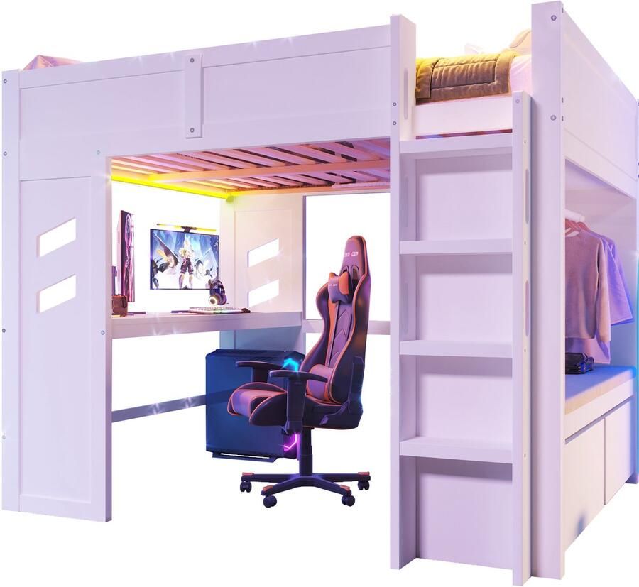 Merax Hoogslaper 140x200 cm Gaming Bed met Bureau LED Verlichting USB & Type-C Oplaadfunctie Schublade & Kledingrek Wit