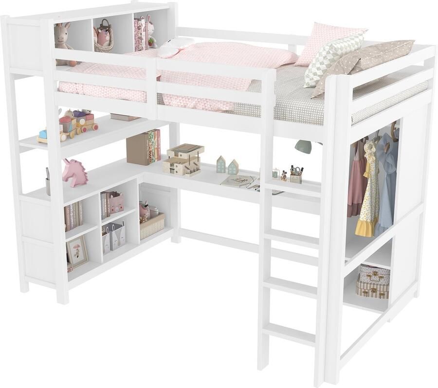 Merax Hoogslaper 140x200 cm – Houten Bed met Bureau Kast en Open Planken – Halfhoogslaper met Opbergruimte – Wit – Zonder Matras