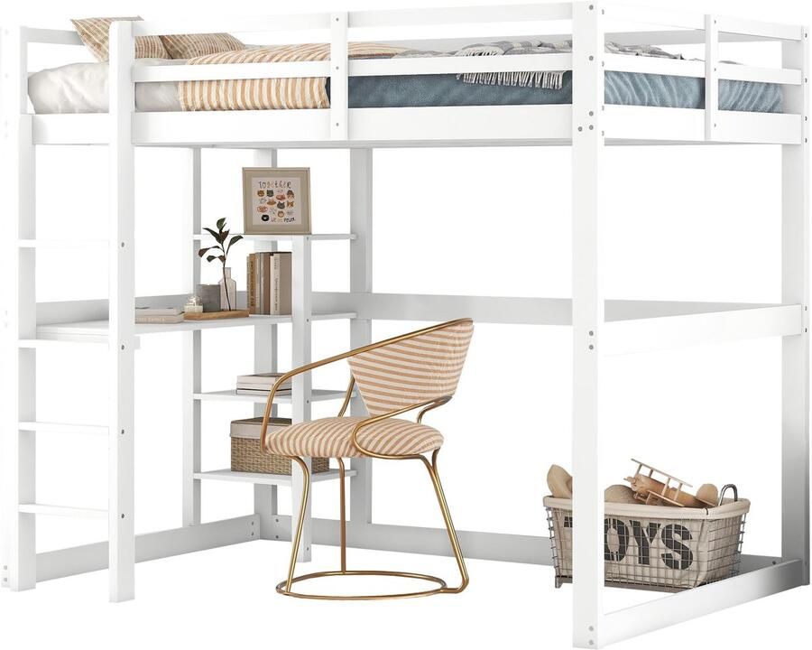 Merax Hoogslaper 140x200 cm – Houten Kinderbed met Bureau en Opbergruimte – Wit – Massief Hout – Zonder Matras