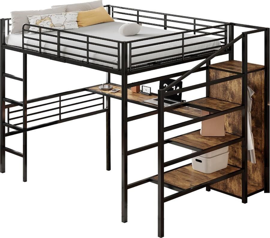 Merax Hoogslaper 140x200 cm Inclusief Bureau Open Kledingkast Opbergladen in Trap Zwart Metaal Zonder Matras