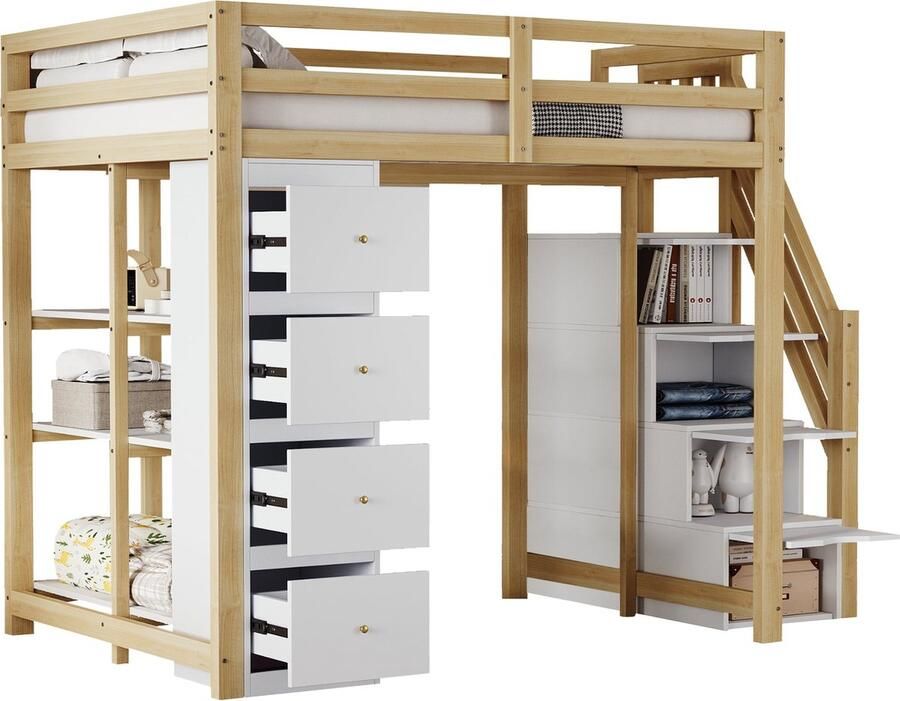 Merax Hoogslaper 140x200 cm Inclusief Opberglades Boekenplanken en Veiligheidstrap Massief Hout Natuurlijke Houtkleur