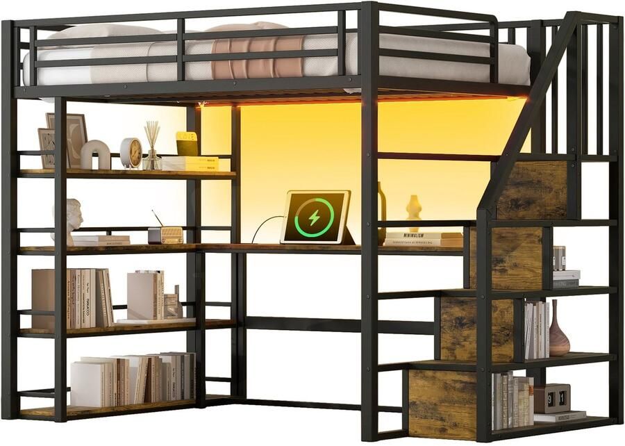 Merax Hoogslaper 140x200 cm Ladder Bureau Opbergruimte LED-verlichting USB Aansluiting Zwart