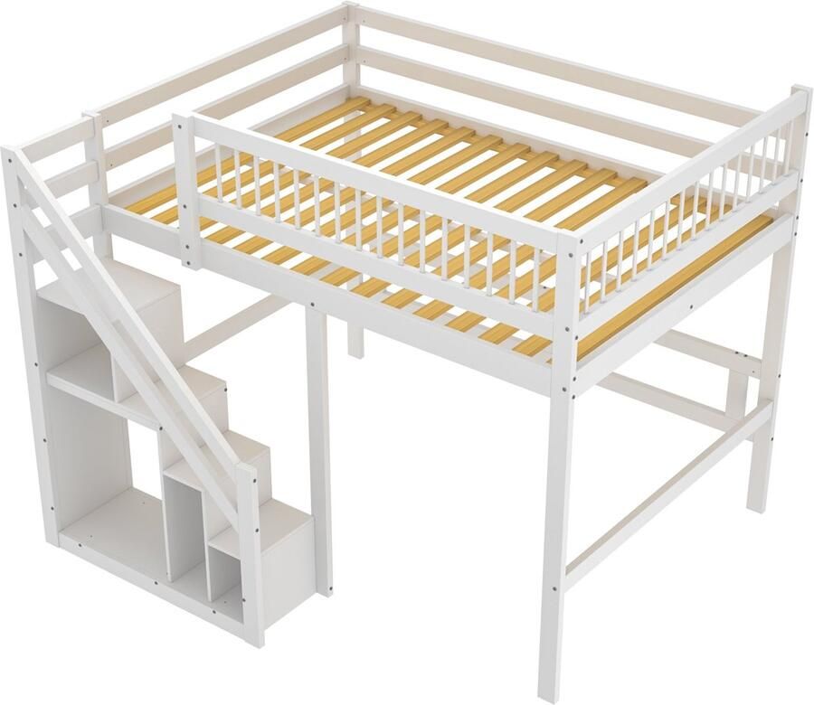 Merax Hoogslaper 140x200 cm – Massief Houten Bed met Opbergtreden en Veiligheidshek – Wit – Kinderbed met Trap en Extra Ruimte Onder het Bed – Zonder Matras