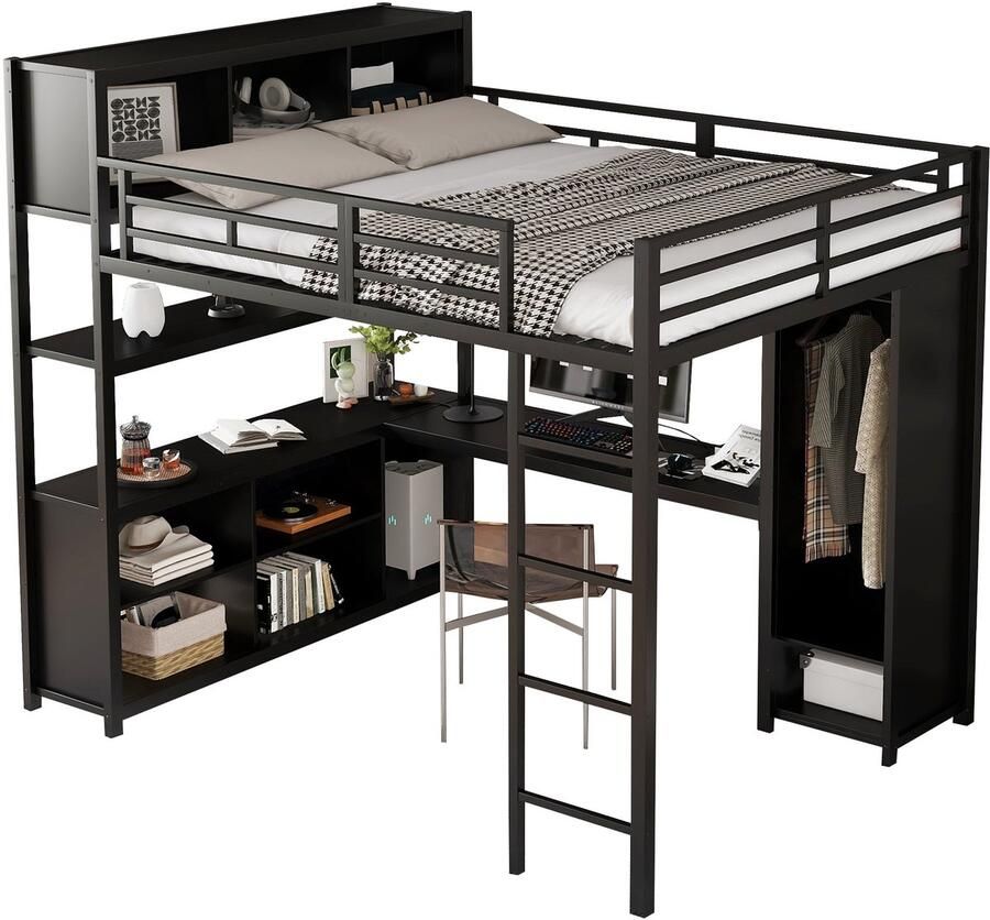 Merax Hoogslaper 140x200 cm Met Bureau en Kast Metalen Bed met Opbergruimte Zwart