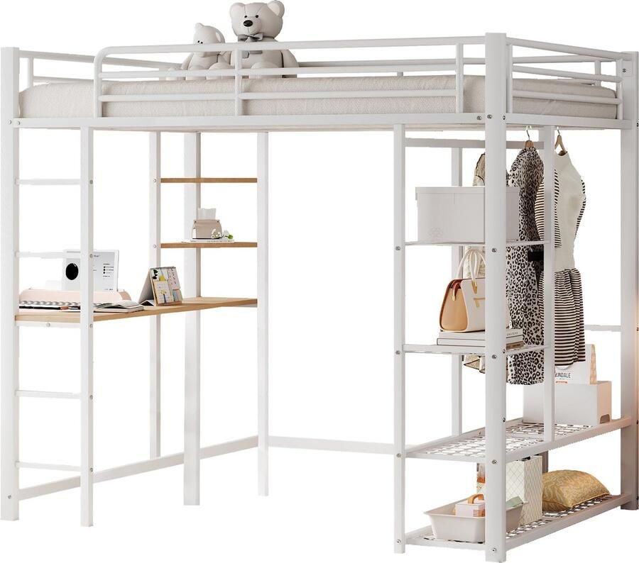 Merax Hoogslaper 140x200 cm met Bureau en Kledingrek – Metalen Bed met Ladder en Opbergruimte – Ruimtebesparend Design – Wit – Zonder Matras