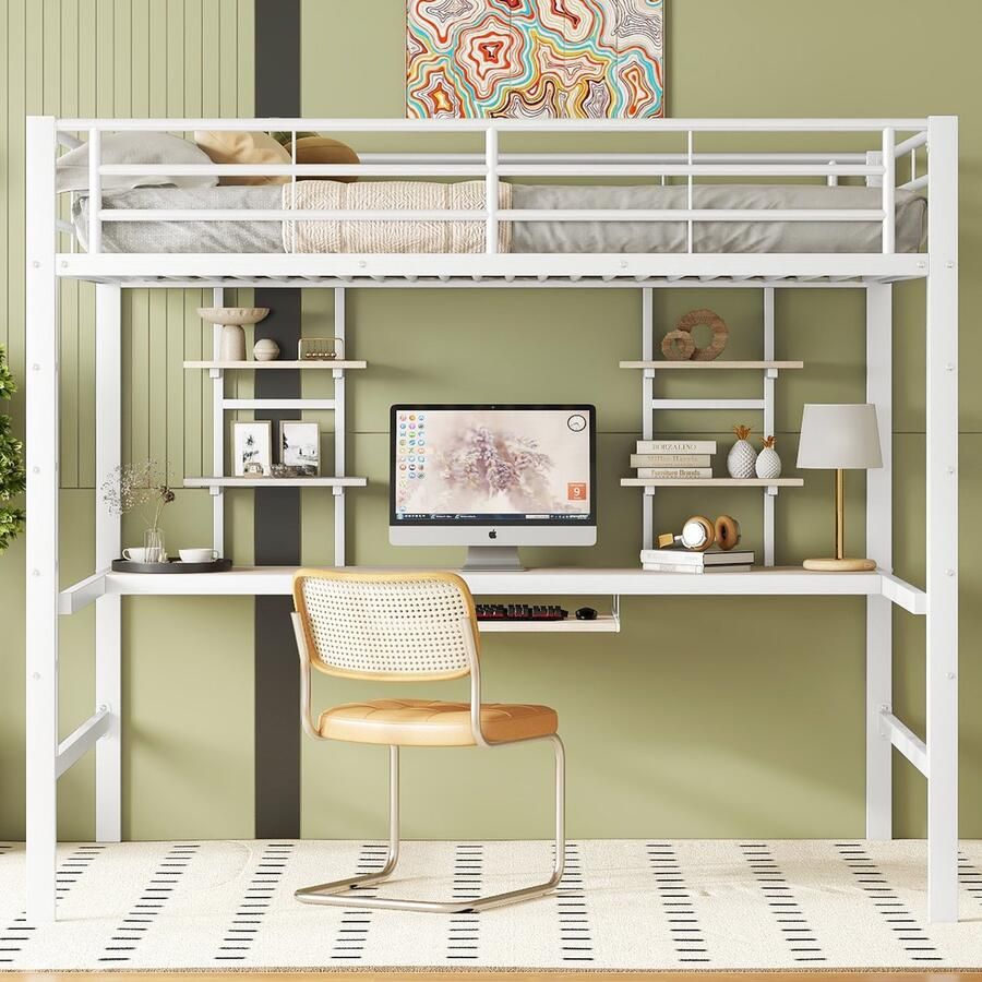 Merax Hoogslaper 140x200 cm met bureau en twee boekenplanken kinderen tieners en volwassenen wit