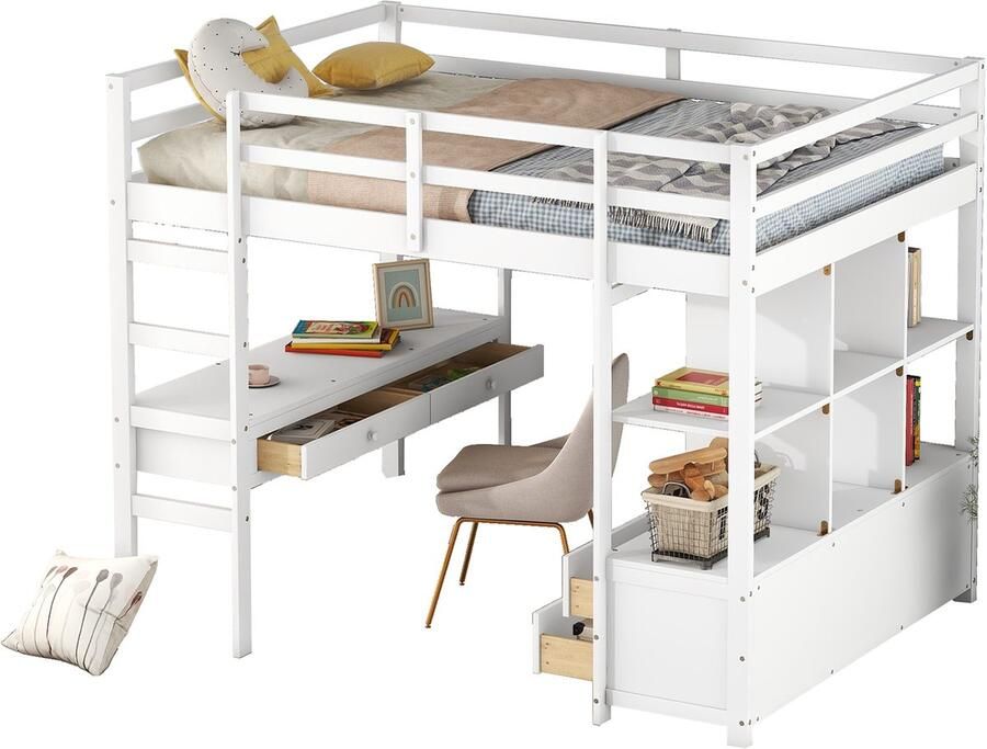 Merax Hoogslaper 140x200 cm met Bureau Houten Kinderbed met 6 Opberglades en Boekenplanken Bed met Veilige Trap en Uitvalbeveiliging Wit