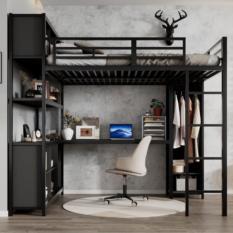 Merax Hoogslaper 140x200 cm met bureau met kast met opbergruimte zwart zonder matras