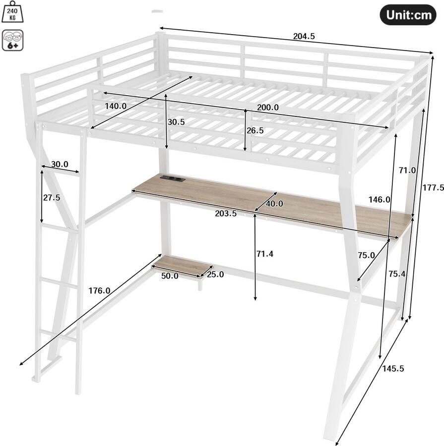 Merax Hoogslaper 140x200 cm met LED-verlichting standaard voor computerconsole bureau USB-aansluiting zonder matras wit