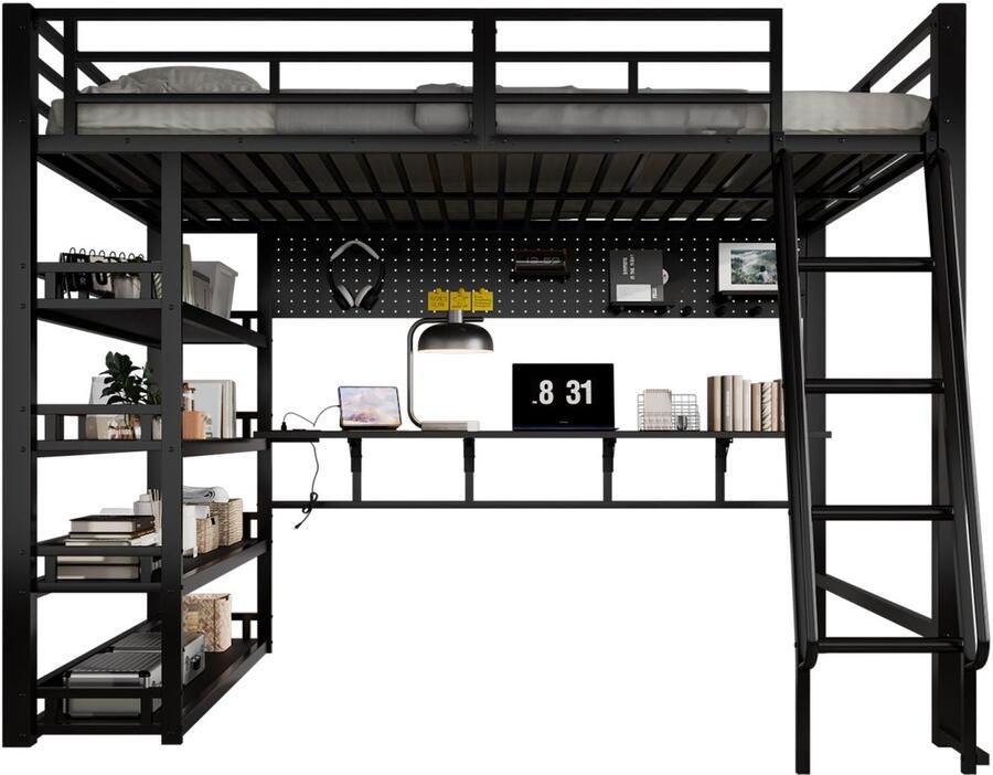 Merax Hoogslaper 140x200 cm – Met Opbergruimte en Planken – Inclusief USB Oplaadpunt – Stevig Metalen Frame – Schuin Ladder – Zwart