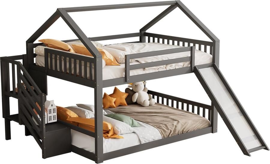 Merax Hoogslaper 140x200 cm met Opbergtrap en Glijbaan – Kinderbed met Reling Geschikt voor Kinderen en Tieners – Grijs