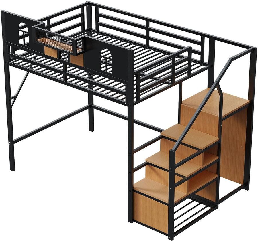 Merax Hoogslaper 140x200 cm Met Stauraumleiter Opbergruimte Veiligheidshek Ablagefläche Metaal & MDF Zwart - Foto 2