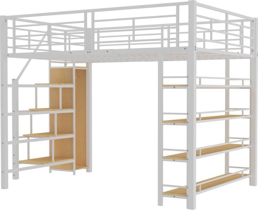 Merax Hoogslaper 140x200 cm met Uitvalbeveiliging Bed met Opbergruimte en Kleine Kasten Wit