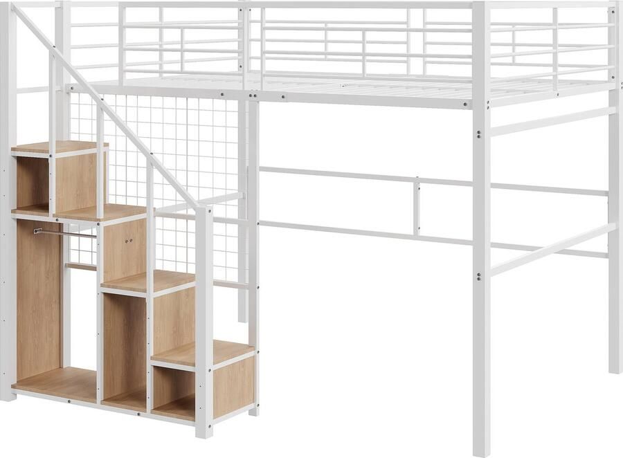 Merax Hoogslaper 140x200 cm met Uitvalbeveiliging Kinderbed met Metalen Frame en Opbergruimte Wit met Bruin