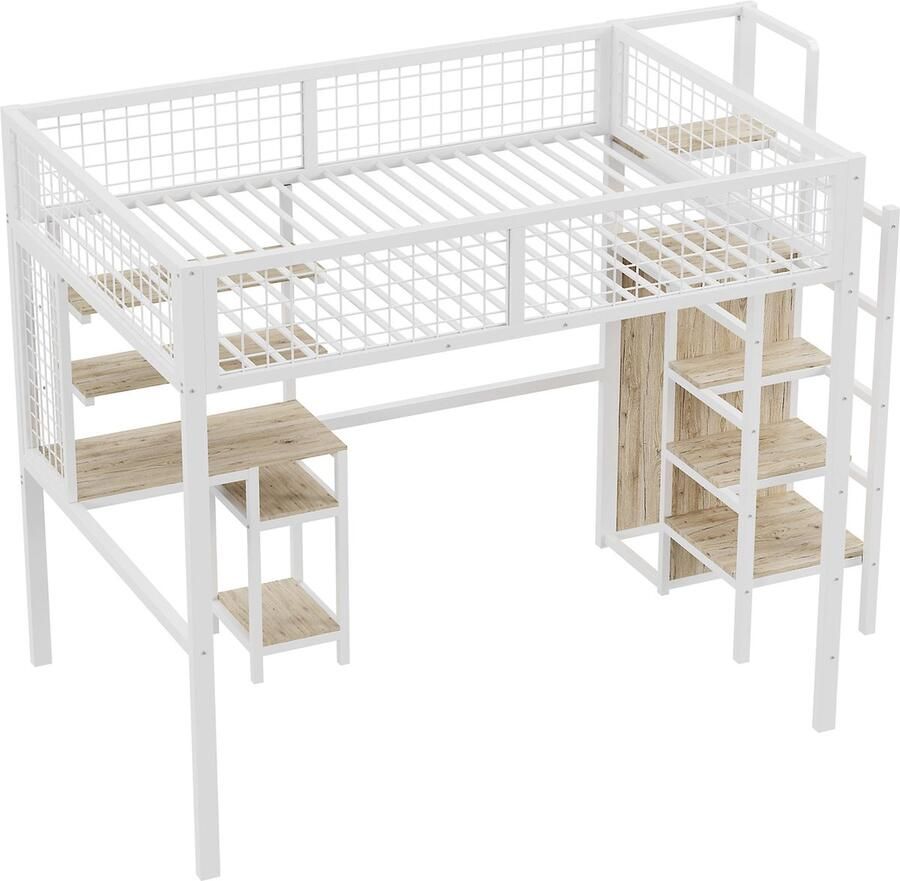 Merax Hoogslaper 140x200 cm met Kast en Bureau voor Kinderen Tweepersoonsbed met Ladder Kinderbed met Metalen Frame Wit