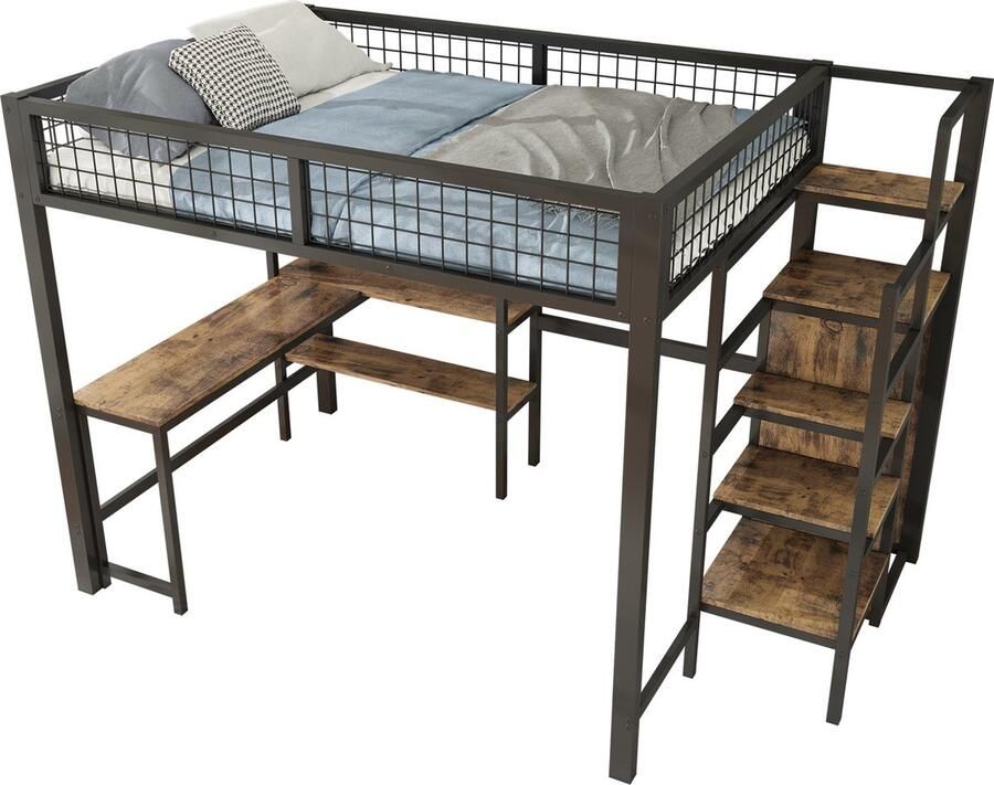 Merax Hoogslaper 140x200 cm Metalen Bed met Bureau Tweepersoonsbed met Ingebouwde Kast en Opbergruimte – Zwart met Donkerbruin