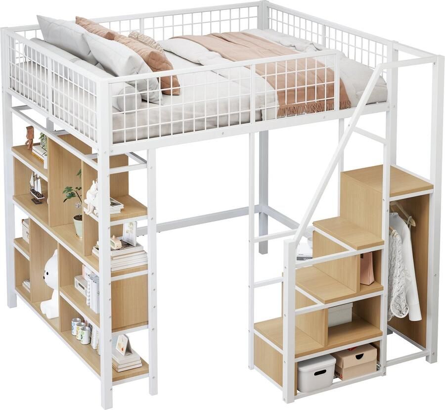 Merax Hoogslaper 140x200 cm Metalen Bed met Opbergruimte Trap met Lades Bureau en Opbergvakken Bed voor Volwassenen en Kinderen Wit