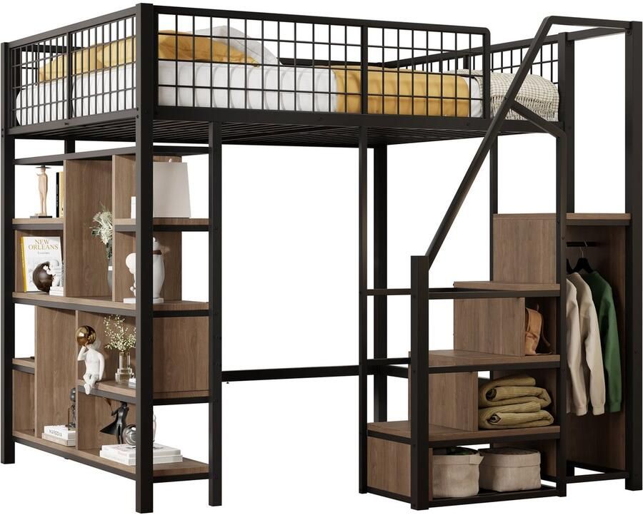 Merax Hoogslaper 140x200 cm Metalen Bed met Trap en Opbergruimte Multifunctioneel Tienerbed en Logeerbed Zwart