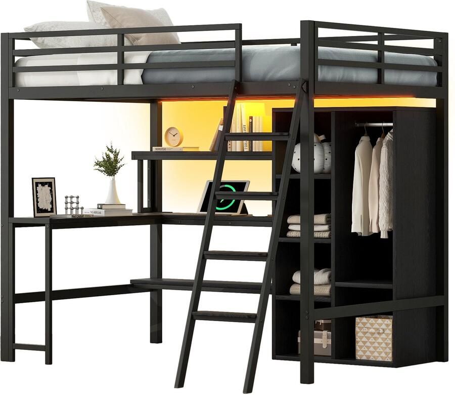 Merax Hoogslaper 140x200 cm Metalen Bed Trap Bureau Kledingkast Opbergrek USB Aansluiting LED-verlichting Zwart