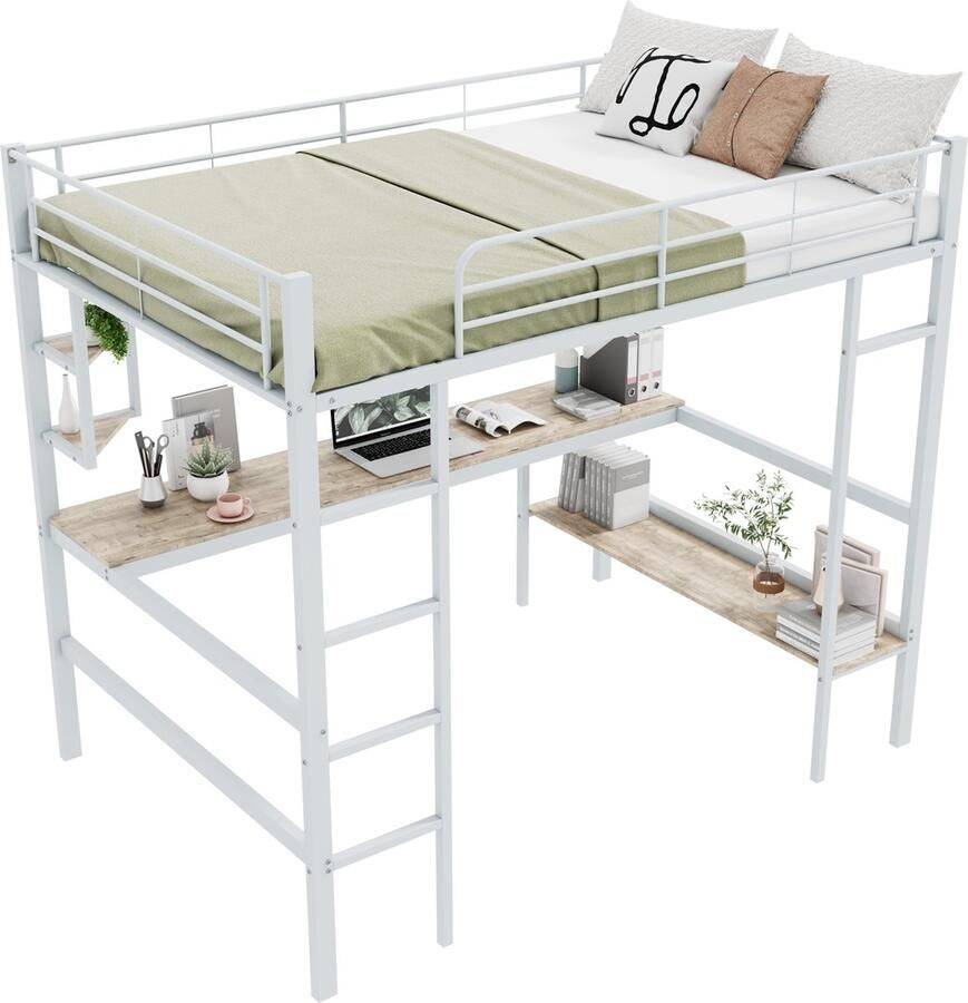 Merax Hoogslaper 140x200 cm Metalen Bedframe met Bureau Inclusief Planken en Groot Boekenkast Zonder Matras Wit