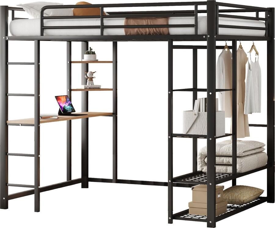 Merax Hoogslaper 140x200 cm – Metalen Juniorbed met Ladder Bureau Kast en Opbergrekken Zwart
