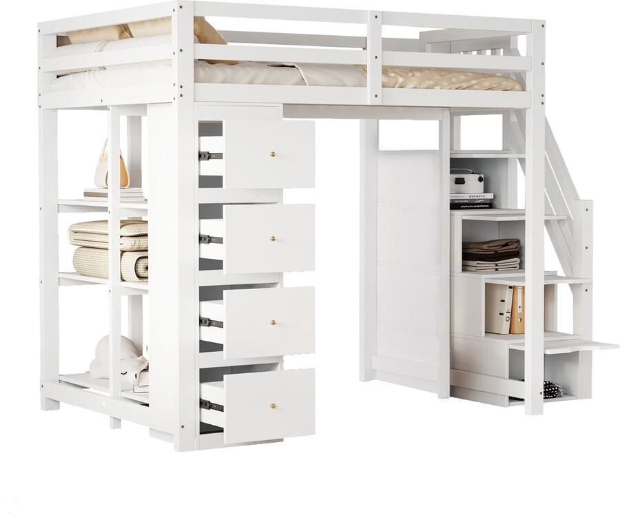 Merax Hoogslaper 140x200 cm Multifunctioneel Bed met Opberglades Kast met Planken en Veiligheidsladder Massief Hout Kinder- en Tienerbed Wit