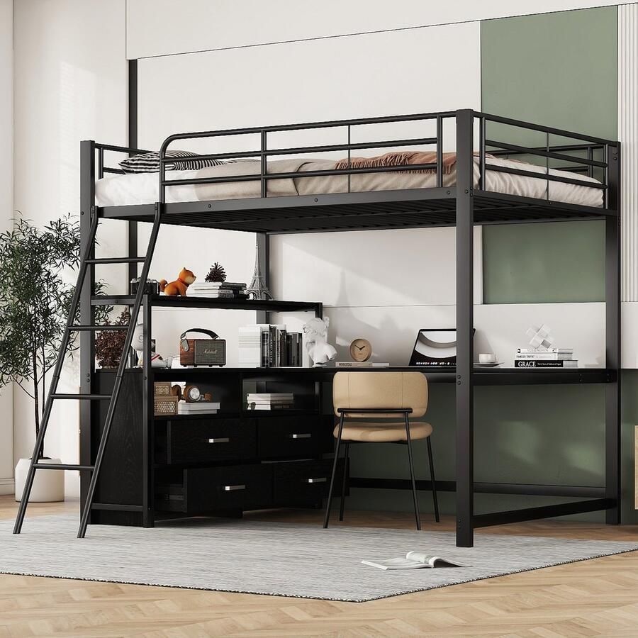 Merax Hoogslaper 140x200 cm praktische lades stijlvol L-vormig bureau laminaat design geen matras zwart
