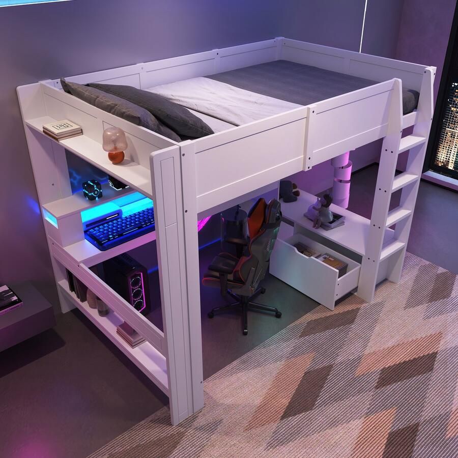 Merax Hoogslaper 140x200 cm speelbed met bureau met LED-verlichting bureau lades planken zonder matras wit