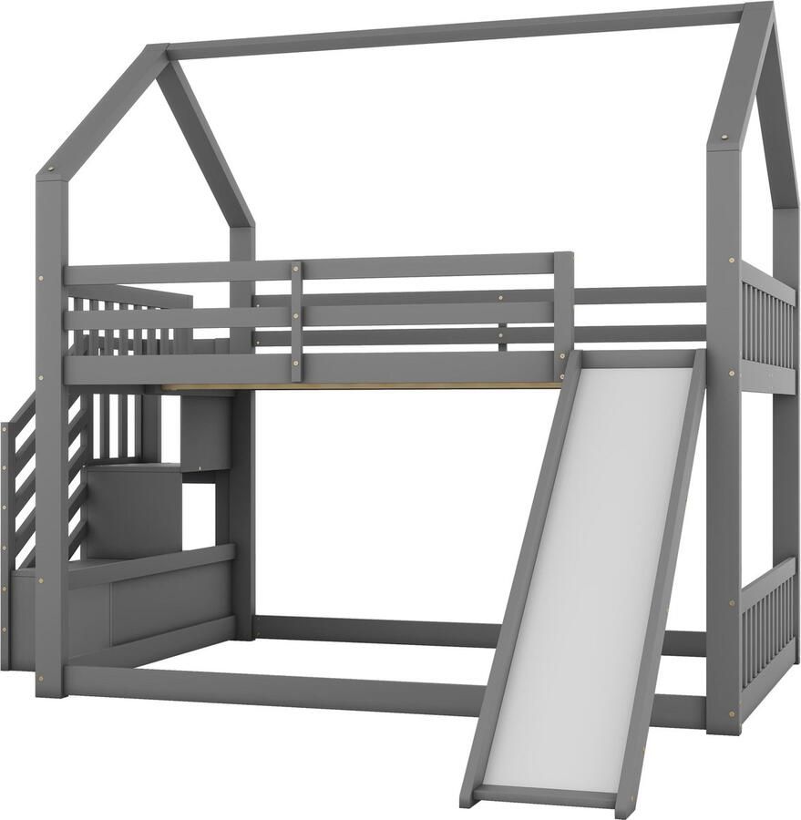 Merax Hoogslaper 140x200 cm voor Kinderen Kinderbed met Opbergruimte Trap en Glijbaan Grijs