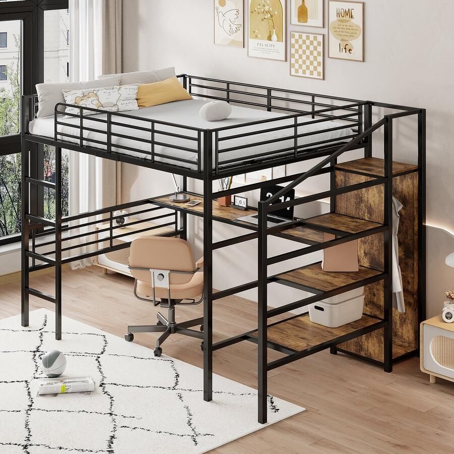 Merax Hoogslaper 140x200 cm zonder matras bureau open kledingkast getrapte opbergruimte zwart