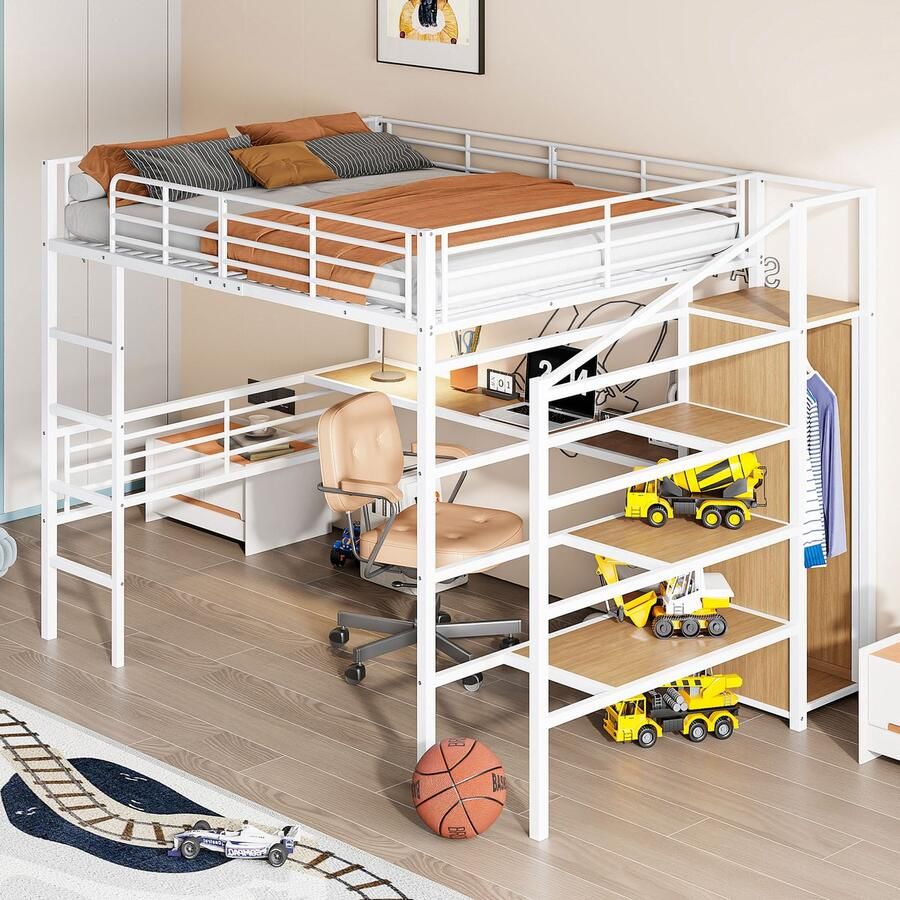 Merax Hoogslaper 140x200 cm zonder matras bureau open kledingkast opstapje wit