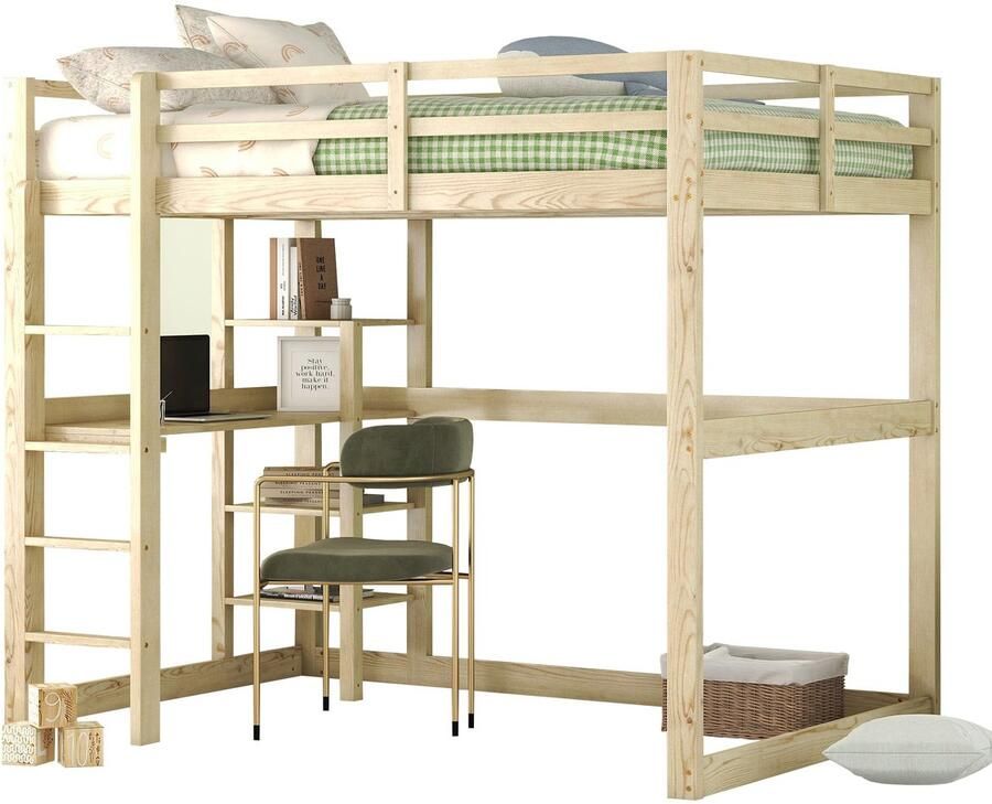 Merax hoogslaper bed 140x200 – houten bed met bureau en opbergruimte – stapelbed voor kinderen – massief hout – met 4 open vakken – natuurlijk hout – inclusief lattenbodem