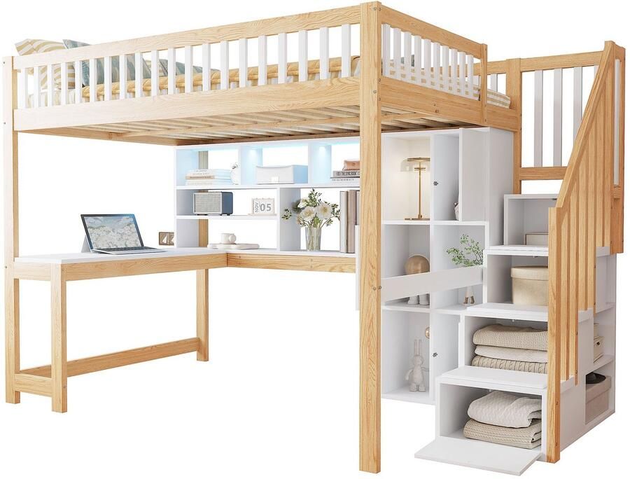 Merax Hoogslaper 140x200 met Bureau en LED Verlichting Bed met Ruime Opbergruimte – Hout Bruin met Wit