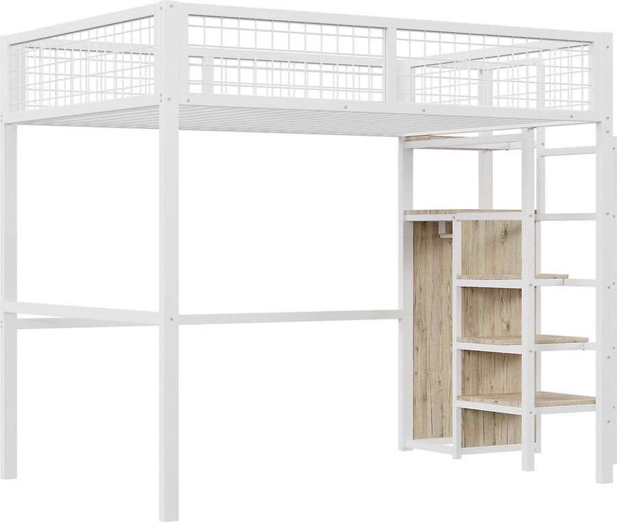 Merax Hoogslaper 140x200 met Ladder Kinderbed met Metalen Frame en Opbergrek Inclusief Kledingkast Wit