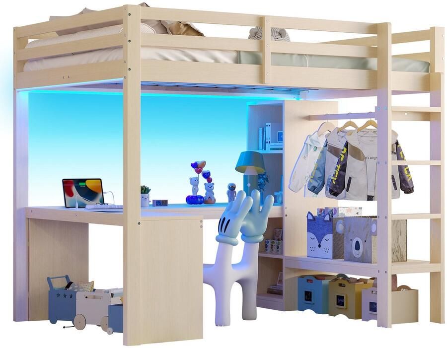 Merax Hoogslaper 140x200 met Multifunctionele Planken Bureau Onder Het Bed LED Verlichting met Afstandsbediening USB Oplaadfunctie Natuurlijk Hout