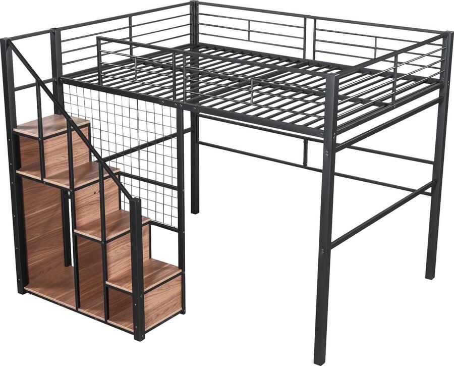Merax Hoogslaper 140x200 met Veilige Trap en Uitvalbeveiliging Kinderbed met Metalen Frame en Opbergruimte Jeugdbed Zwart