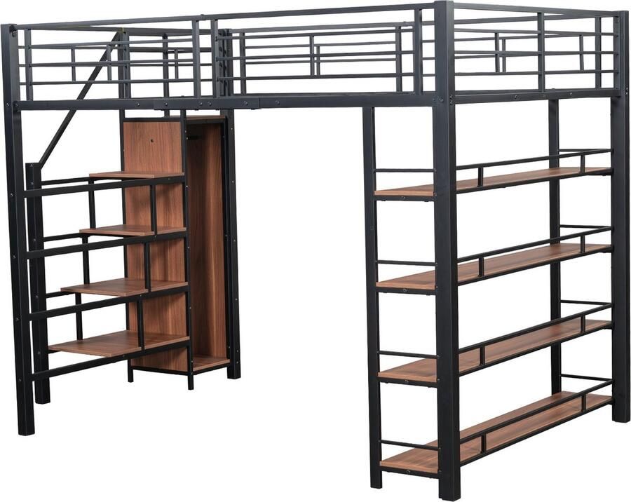 Merax hoogslaper 140x200 cm – zwart bed met kast planken trap & uitvalbeveiliging – met opbergruimte en veiligheidsladder