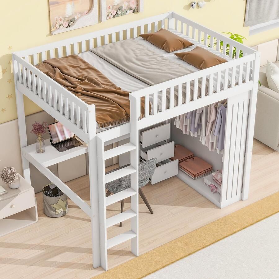 Merax Hoogslaper 140x200cm bureau kledingkast 3 lades open opbergruimte zonder matras wit