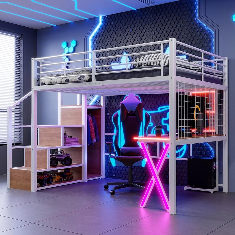 Merax Hoogslaper 140x200cm met LED-verlichting opbergladder bureau kledingkast planken zonder matras wit