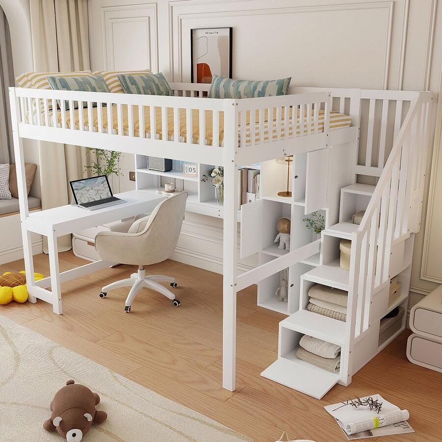 Merax Hoogslaper 140x200cm met LED-verlichting opbergladder plank bureau zonder matras wit