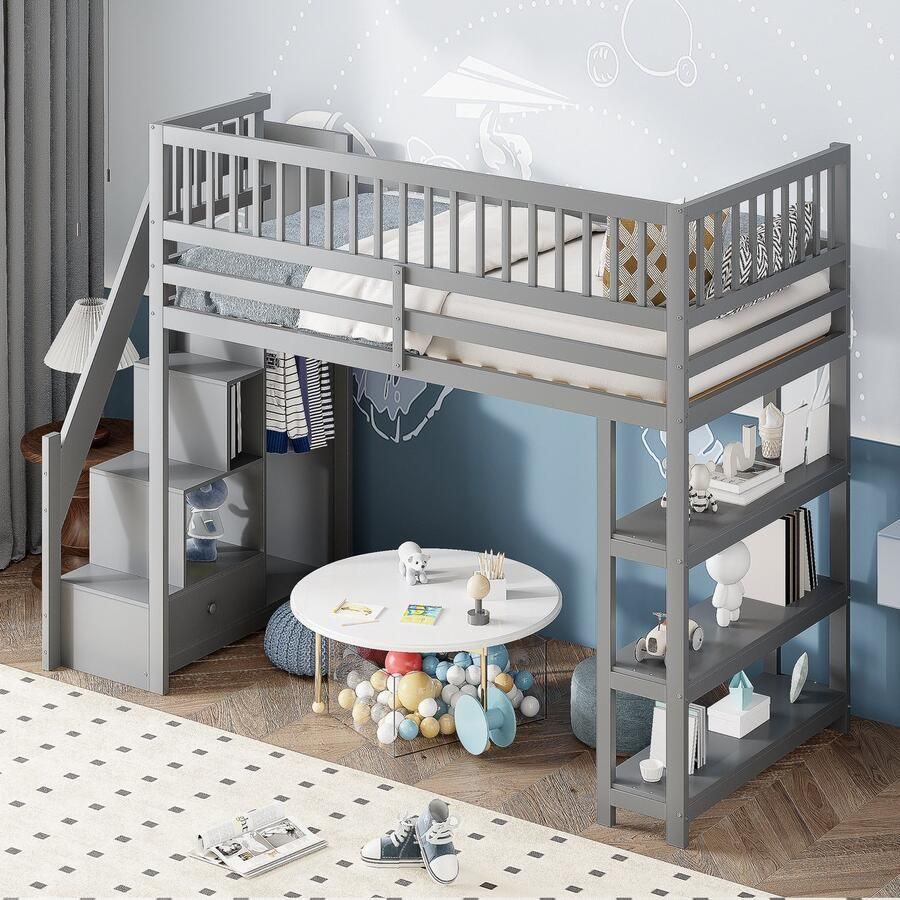 Merax Hoogslaper 90 x 200 cm hoge kast veiligheidsontwerp met kledingkast met veiligheidsladder kinderbed eenpersoonsbed grijs zonder matras