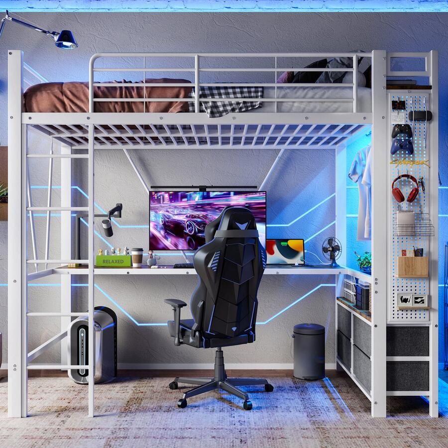 Merax Hoogslaper 90 x 200 cm met bureau met droogstaaf met opbergplank 4 lades met USB aansluiting LED verlichting zonder matras wit