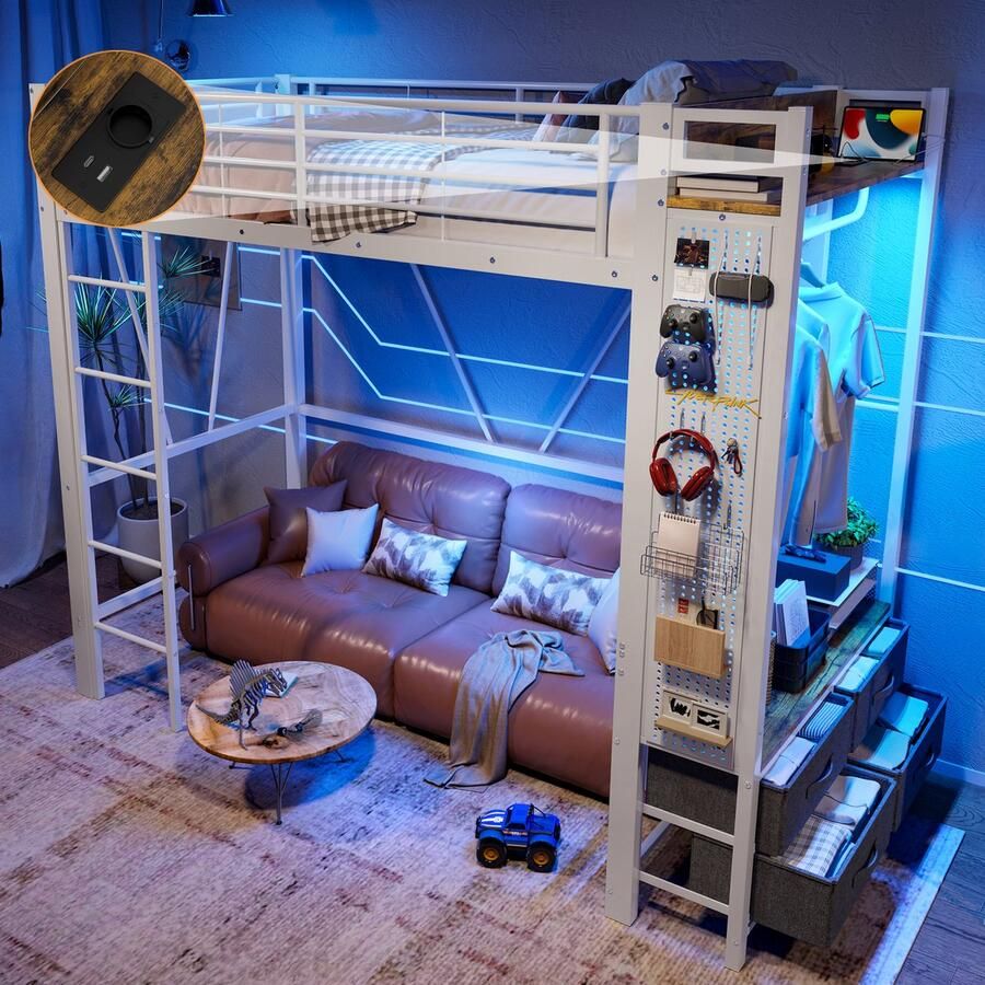 Merax Hoogslaper 90 x 200 cm met droogstang met planken 4 lades met USB-aansluiting LED-lichtstrip zonder matras wit